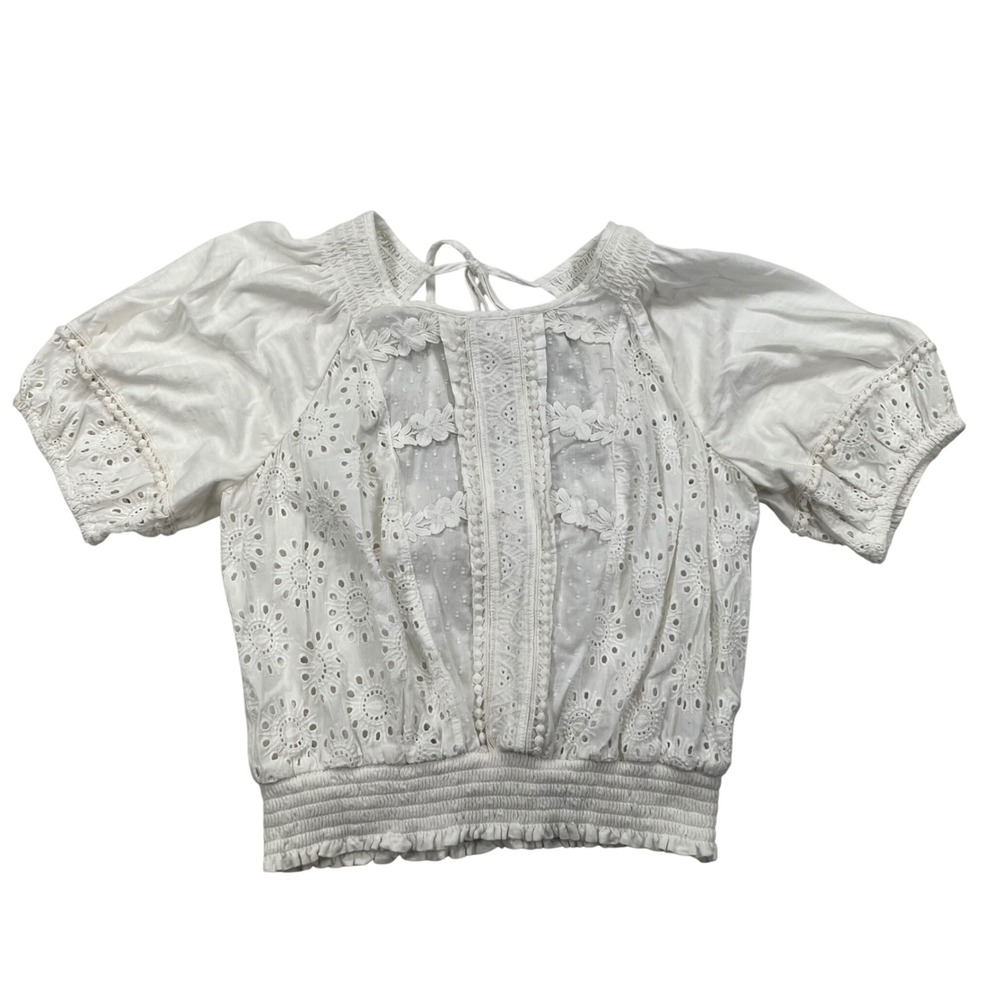 Porridge Eyelet Lace Top Womens Small White Boho Smocked Puff Sleeve Tie Back